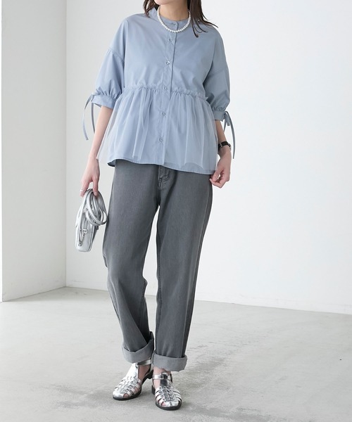 BONLECILL（ボンルシール）の「チュールドッキング ペプラムデザインリボンパフスリーブブラウス（シャツ/ブラウス・レディース・ピンク/グレイッシュブルー/ブラック/アイボリー/ネイビー・FREE）」の20枚目の写真