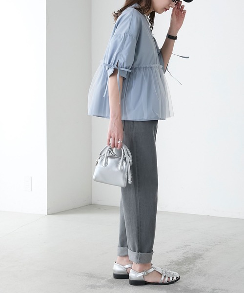 BONLECILL（ボンルシール）の「チュールドッキング ペプラムデザインリボンパフスリーブブラウス（シャツ/ブラウス・レディース・ピンク/グレイッシュブルー/ブラック/アイボリー/ネイビー・FREE）」の21枚目の写真