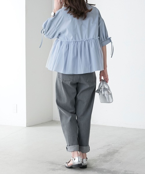 BONLECILL（ボンルシール）の「チュールドッキング ペプラムデザインリボンパフスリーブブラウス（シャツ/ブラウス・レディース・ピンク/グレイッシュブルー/ブラック/アイボリー/ネイビー・FREE）」の22枚目の写真