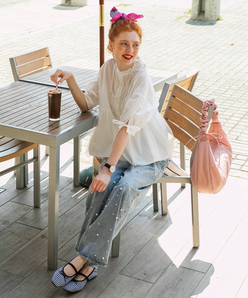 BONLECILL（ボンルシール）の「チュールドッキング ペプラムデザインリボンパフスリーブブラウス（シャツ/ブラウス・レディース・ピンク/グレイッシュブルー/ブラック/アイボリー/ネイビー・FREE）」の7枚目の写真