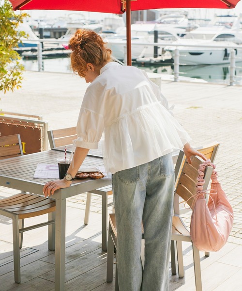 BONLECILL（ボンルシール）の「チュールドッキング ペプラムデザインリボンパフスリーブブラウス（シャツ/ブラウス・レディース・ピンク/グレイッシュブルー/ブラック/アイボリー/ネイビー・FREE）」の9枚目の写真