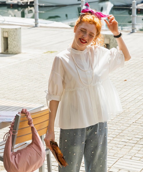 BONLECILL（ボンルシール）の「チュールドッキング ペプラムデザインリボンパフスリーブブラウス（シャツ/ブラウス・レディース・ピンク/グレイッシュブルー/ブラック/アイボリー/ネイビー・FREE）」の10枚目の写真