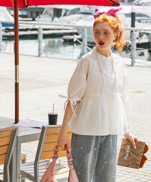 BONLECILL（ボンルシール）の「チュールドッキング ペプラムデザインリボンパフスリーブブラウス（シャツ/ブラウス・レディース・ピンク/グレイッシュブルー/ブラック/アイボリー/ネイビー・FREE）」の13枚目の写真