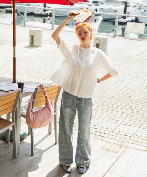 BONLECILL（ボンルシール）の「チュールドッキング ペプラムデザインリボンパフスリーブブラウス（シャツ/ブラウス・レディース・ピンク/グレイッシュブルー/ブラック/アイボリー/ネイビー・FREE）」の15枚目の写真