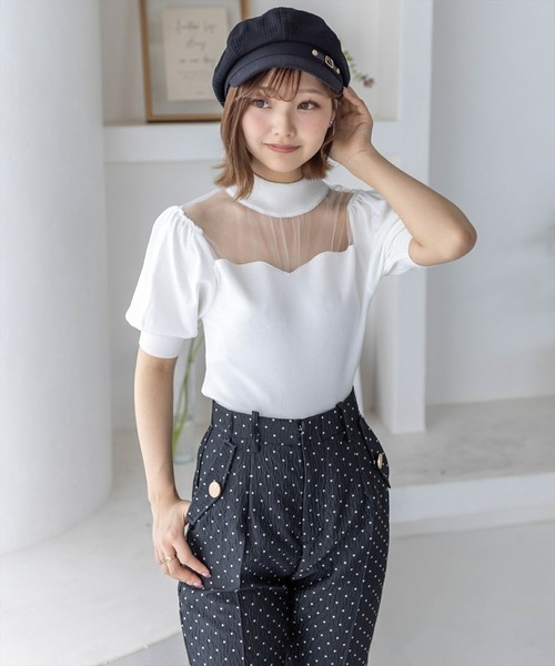 【新品】ソリン シアー&リブミックストップ パフスリーブ チュール 長袖 セール】胸元シアー半袖パフスリーブトップス[大人 フェミニン