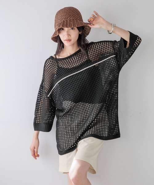 LOWRYS FARM（ローリーズファーム）の「メッシュプルオーバーＳＳ　116749（ニット/セーター・レディース・ピンク/ブラック/アイボリー・FREE）」の3枚目の写真