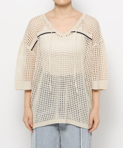 LOWRYS FARM（ローリーズファーム）の「メッシュプルオーバーＳＳ　116749（ニット/セーター・レディース・ピンク/ブラック/アイボリー・FREE）」の4枚目の写真