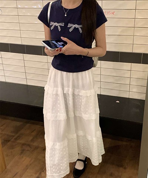 gossip!ロサンゼルス(ゴシップロサンゼルス)の「リボン ラウンドネックTシャツ Y2K(Tシャツ/カットソー・レディース・オフホワイト/ネイビー・FREE)」の20枚目の写真