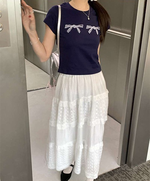 gossip!ロサンゼルス(ゴシップロサンゼルス)の「リボン ラウンドネックTシャツ Y2K(Tシャツ/カットソー・レディース・オフホワイト/ネイビー・FREE)」の19枚目の写真