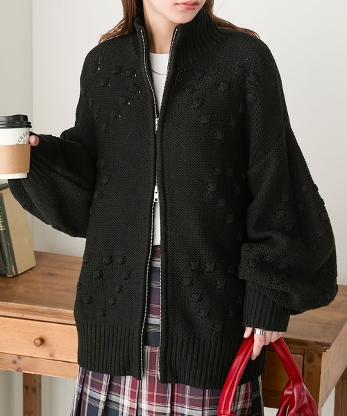 BONLECILL（ボンルシール）の「ハートドットボリュームスリーブダブルジップニットブルゾン（ニット/セーター・レディース・杢グレー/ブラック/アイボリー・FREE）」の2枚目の写真