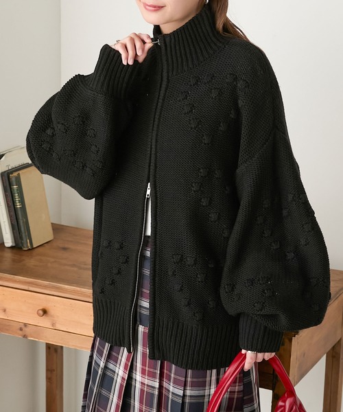 BONLECILL（ボンルシール）の「ハートドットボリュームスリーブダブルジップニットブルゾン（ニット/セーター・レディース・杢グレー/ブラック/アイボリー・FREE）」の15枚目の写真