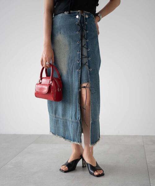【関税込み】Chloe ブルー レースアップ デニム ミニスカート セール】DISPARK/レースアップデニムロングスカート（デニム