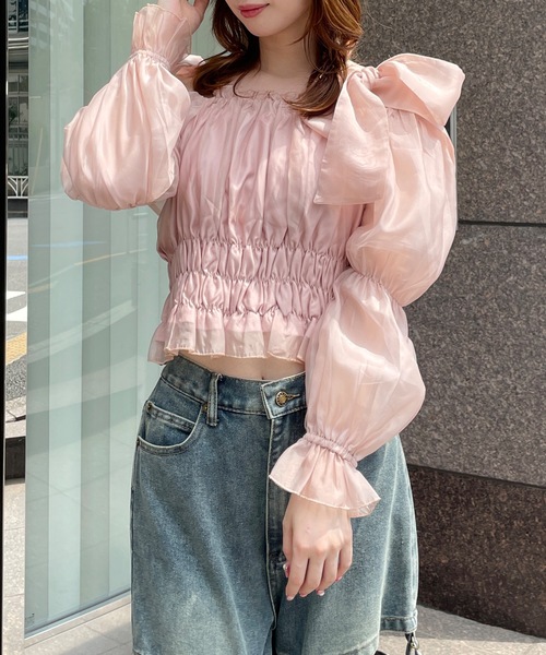 one way（ワンウェイ）の「シャーリングオフショルリボンブラウス（Tシャツ/カットソー・レディース・ホワイト/ピンク/ブルー/グレー・FREE）」の4枚目の写真