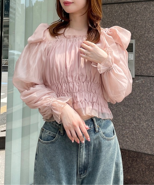 one way（ワンウェイ）の「シャーリングオフショルリボンブラウス（Tシャツ/カットソー・レディース・ホワイト/ピンク/ブルー/グレー・FREE）」の17枚目の写真