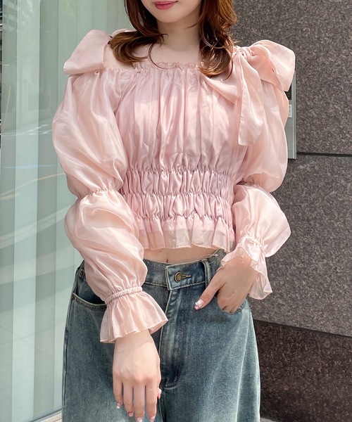 one way（ワンウェイ）の「シャーリングオフショルリボンブラウス（Tシャツ/カットソー・レディース・ホワイト/ピンク/ブルー/グレー・FREE）」の18枚目の写真