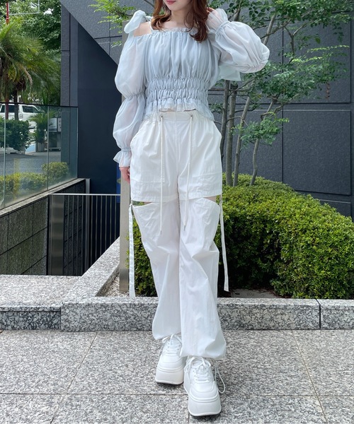 セール】シャーリングオフショルリボンブラウス（Tシャツ/カットソー