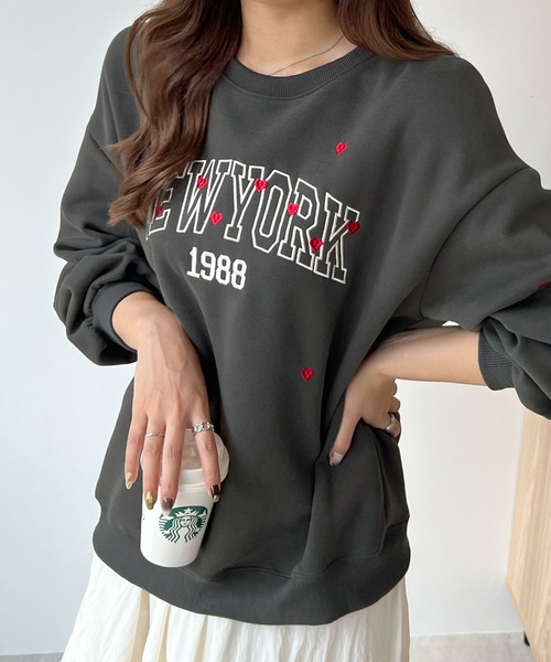 Futier land(フューティアランド)の「この絶妙なハート間が大人っぽ~い◎カレッジロゴハート刺繍プルオーバー(スウェット・レディース・チャコールグレー/杢グレー・FREE)」の8枚目の写真