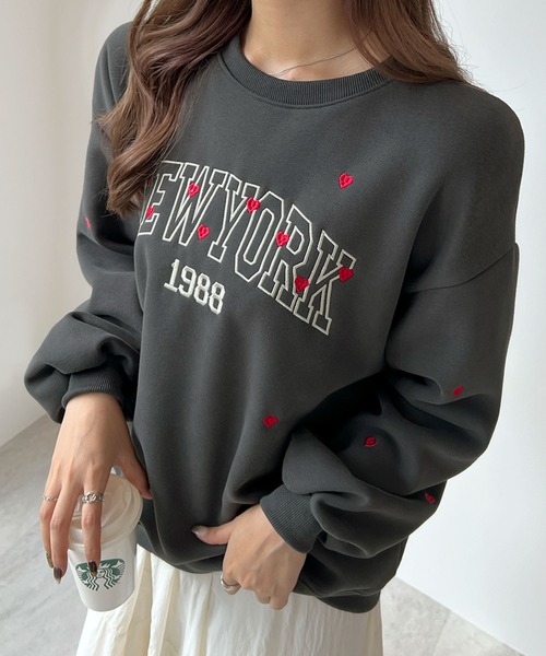 Futier land(フューティアランド)の「この絶妙なハート間が大人っぽ~い◎カレッジロゴハート刺繍プルオーバー(スウェット・レディース・チャコールグレー/杢グレー・FREE)」の14枚目の写真