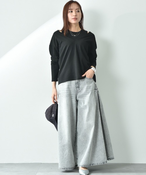 INTERPLANET（インタープラネット）の「サイドタックデニムワイドパンツ（デニムパンツ・レディース・ブルー/グレー・FREE）」の6枚目の写真