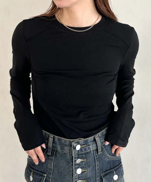 セール】ストレッチ パイピングデザインシンプルカットソー ロングT