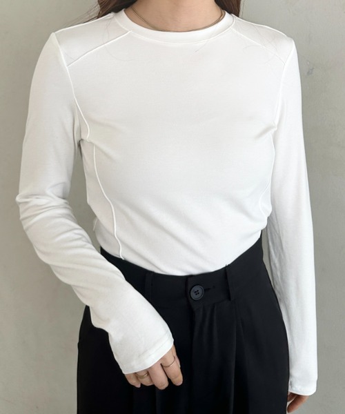 新品タグ付き✨ハイク　五分袖カットソー　無地　白ホワイト　ストレッチ有り　S相当 セール】ストレッチ パイピングデザインシンプルカットソー ロングT