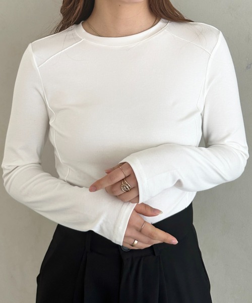 MYMOOD.(マイムード)の「ストレッチ パイピングデザインシンプルカットソー ロングTシャツ(Tシャツ/カットソー・レディース・ブラック/アイボリー/ホワイト・FREE)」の5枚目の写真