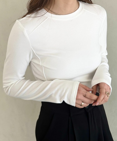MYMOOD.(マイムード)の「ストレッチ パイピングデザインシンプルカットソー ロングTシャツ(Tシャツ/カットソー・レディース・ブラック/アイボリー/ホワイト・FREE)」の6枚目の写真