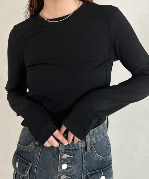 MYMOOD.(マイムード)の「ストレッチ パイピングデザインシンプルカットソー ロングTシャツ(Tシャツ/カットソー・レディース・ブラック/アイボリー/ホワイト・FREE)」の19枚目の写真