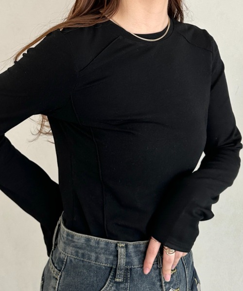 MYMOOD.(マイムード)の「ストレッチ パイピングデザインシンプルカットソー ロングTシャツ(Tシャツ/カットソー・レディース・ブラック/アイボリー/ホワイト・FREE)」の22枚目の写真