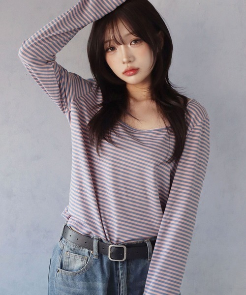 BARELY BLUE(ベアリーブルー)の「【 BARELY BLUE / ベアリーブルー 】 クルーネック ボーダー ロンT(Tシャツ/カットソー・レディース・ホワイト系/パープル系/ピンク系/グリーン系・FREE)」の1枚目の写真