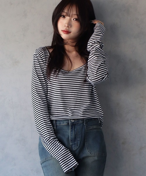BARELY BLUE(ベアリーブルー)の「【 BARELY BLUE / ベアリーブルー 】 クルーネック ボーダー ロンT(Tシャツ/カットソー・レディース・ホワイト系/パープル系/ピンク系/グリーン系・FREE)」の6枚目の写真