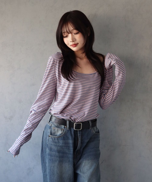 BARELY BLUE(ベアリーブルー)の「【 BARELY BLUE / ベアリーブルー 】 クルーネック ボーダー ロンT(Tシャツ/カットソー・レディース・ホワイト系/パープル系/ピンク系/グリーン系・FREE)」の21枚目の写真