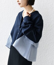 【WEB限定】〈手洗い可能〉布帛 コンビ Vネック カーディガン