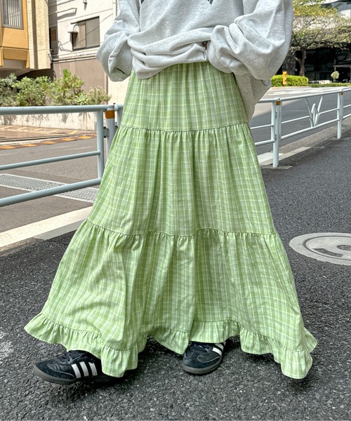 PILIT(ピリット)の「チェックティアードボリュームSK(スカート・レディース・グリーン/ブルー・MEDIUM)」の1枚目の写真