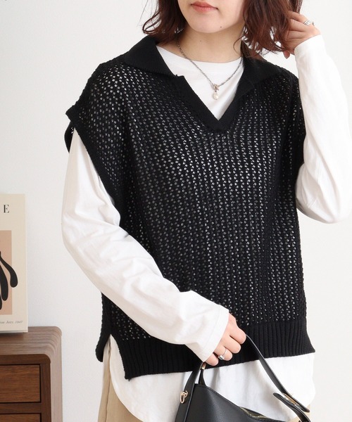 FUNALIVE(ファンアライブ)の「RELACLO select 7G透かし編み襟付きベスト(ベスト・レディース・サンドベージュ/モカ/ブラック・M)」の2枚目の写真