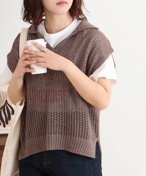 FUNALIVE(ファンアライブ)の「RELACLO select 7G透かし編み襟付きベスト(ベスト・レディース・サンドベージュ/モカ/ブラック・M)」の3枚目の写真