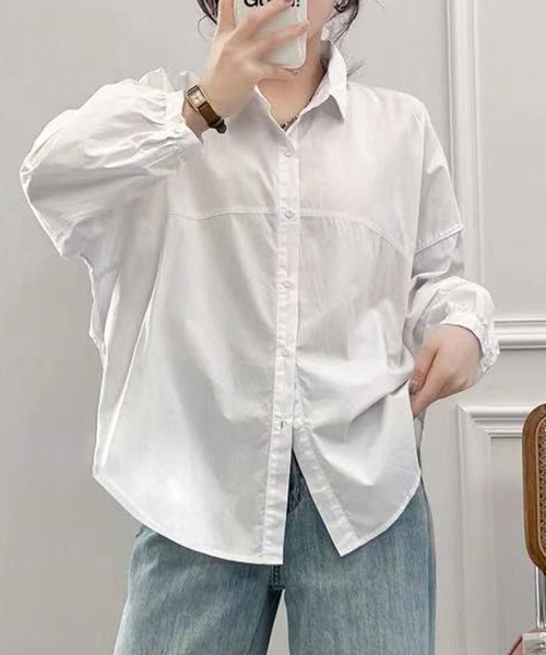 aimoha(アイモハ)の「ギャザーデザインオーバーシャツ(シャツ/ブラウス・レディース・ライトベージュ/ブルー/ホワイト系その他2/ピンク/ホワイト系その他/ホワイト・FREE)」の2枚目の写真