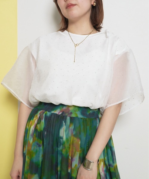 palm RICHE(ポームリシュ)の「【インナー付き】2ピース ラインストーン シアートップス(Tシャツ/カットソー・レディース・オフホワイト/サックスブルー/ブラック・M)」の1枚目の写真