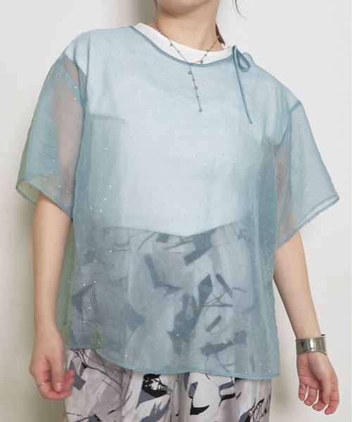 palm RICHE(ポームリシュ)の「【インナー付き】2ピース ラインストーン シアートップス(Tシャツ/カットソー・レディース・オフホワイト/サックスブルー/ブラック・M)」の3枚目の写真