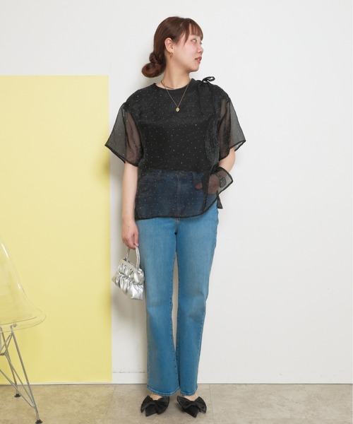 palm RICHE(ポームリシュ)の「【インナー付き】2ピース ラインストーン シアートップス(Tシャツ/カットソー・レディース・オフホワイト/サックスブルー/ブラック・M)」の18枚目の写真