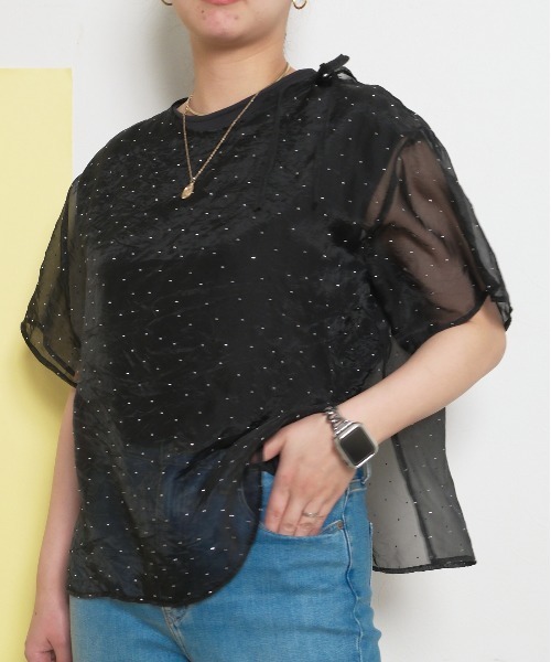 palm RICHE(ポームリシュ)の「【インナー付き】2ピース ラインストーン シアートップス(Tシャツ/カットソー・レディース・オフホワイト/サックスブルー/ブラック・M)」の22枚目の写真