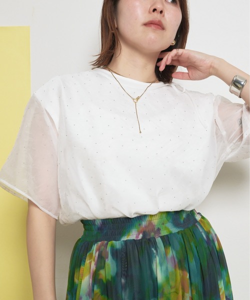 palm RICHE(ポームリシュ)の「【インナー付き】2ピース ラインストーン シアートップス(Tシャツ/カットソー・レディース・オフホワイト/サックスブルー/ブラック・M)」の8枚目の写真