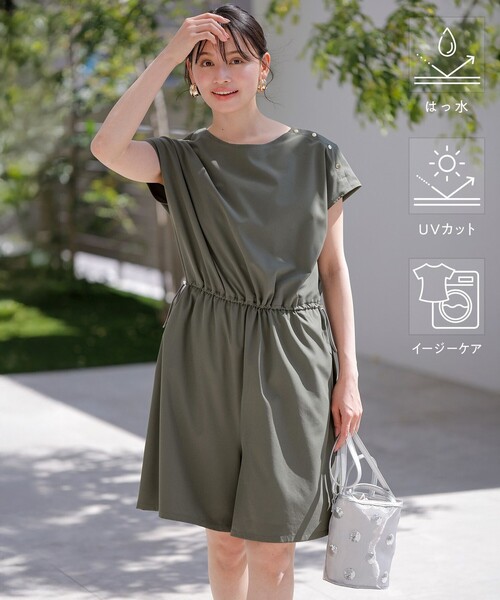 ANY SIS(エニィスィス)の「ラッシュガードシリーズ ショートサロペット(つなぎ/オールインワン・レディース・カーキ系/ブラック系・4)」の1枚目の写真