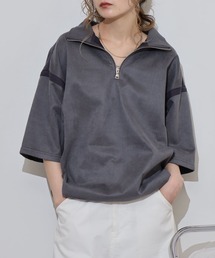 ATELANE フェイクスウェード　半袖　ハーフジップデザイン　Tシャツ
