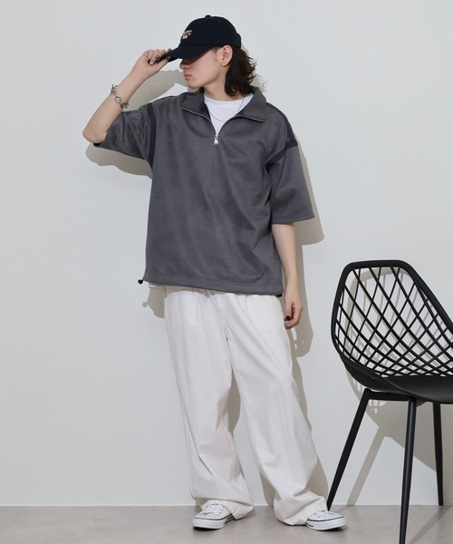 ATELANE(アテレーン)の「ATELANE フェイクスウェード 半袖 ハーフジップデザイン Tシャツ(Tシャツ/カットソー・メンズ・グレー/アイボリー/ブラック・L/XL/M)」の7枚目の写真