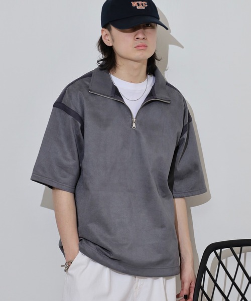 ATELANE(アテレーン)の「ATELANE フェイクスウェード 半袖 ハーフジップデザイン Tシャツ(Tシャツ/カットソー・メンズ・グレー/アイボリー/ブラック・L/XL/M)」の5枚目の写真
