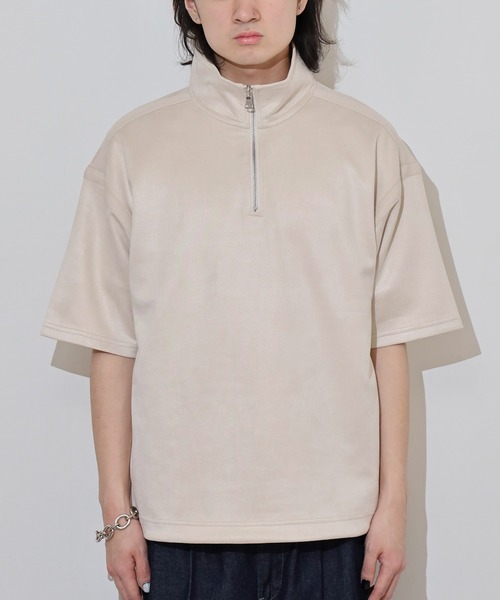 ATELANE(アテレーン)の「ATELANE フェイクスウェード 半袖 ハーフジップデザイン Tシャツ(Tシャツ/カットソー・メンズ・グレー/アイボリー/ブラック・L/XL/M)」の8枚目の写真