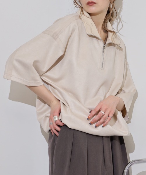 ATELANE(アテレーン)の「ATELANE フェイクスウェード 半袖 ハーフジップデザイン Tシャツ(Tシャツ/カットソー・メンズ・グレー/アイボリー/ブラック・L/XL/M)」の15枚目の写真