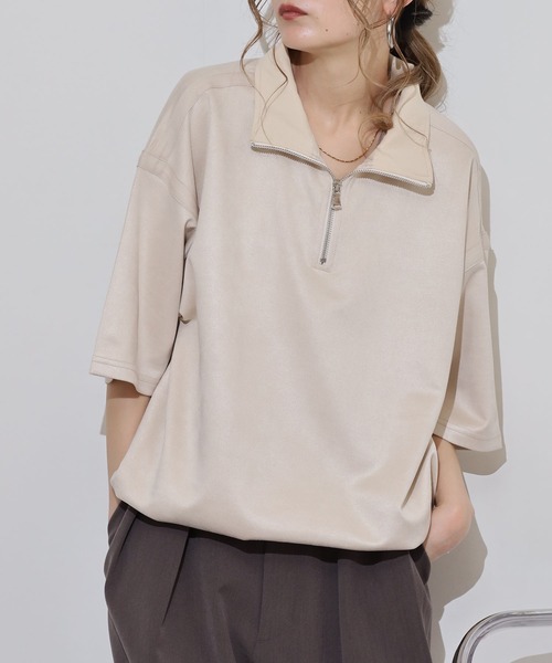 ATELANE(アテレーン)の「ATELANE フェイクスウェード 半袖 ハーフジップデザイン Tシャツ(Tシャツ/カットソー・メンズ・グレー/アイボリー/ブラック・L/XL/M)」の16枚目の写真