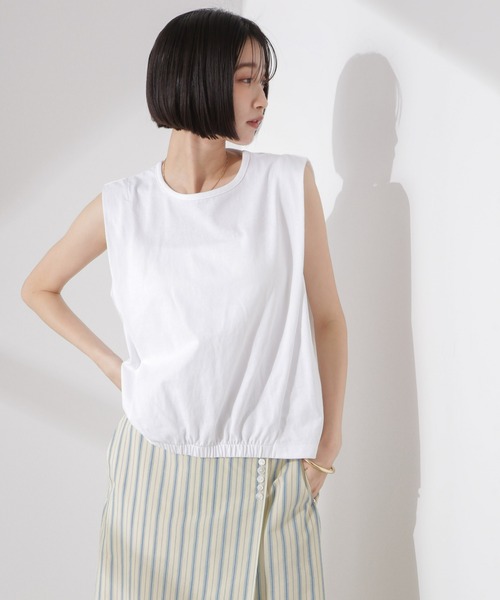 NANO universe(ナノユニバース)の「ドライタッチ天竺フロントギャザーヘムノースリーブトップス(Tシャツ/カットソー・レディース・ホワイト/チャコール/ピンク・FREE)」の12枚目の写真